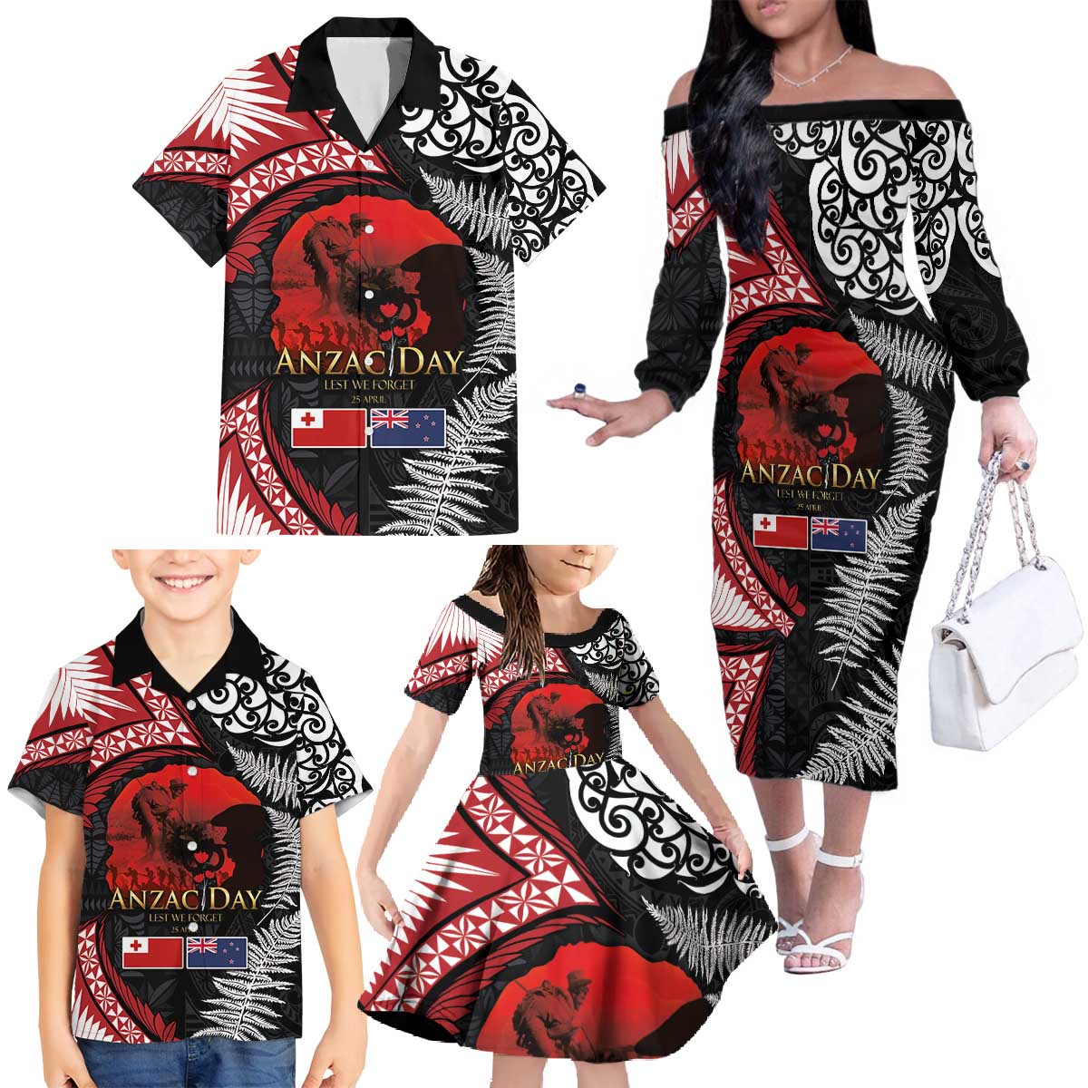 Tonga and New Zealand ANZAC Day Family Matching Off The Shoulder Long Sleeve Dress and Hawaiian Shirt Gallipoli Lest We Forget Ngatu Art Tribal and Maori Tattoo with Fern LT03 - Polynesian Pride