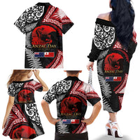 Tonga and New Zealand ANZAC Day Family Matching Off The Shoulder Long Sleeve Dress and Hawaiian Shirt Gallipoli Lest We Forget Ngatu Art Tribal and Maori Tattoo with Fern LT03 - Polynesian Pride