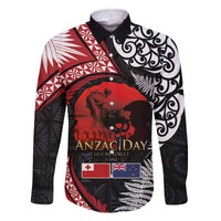 Tonga and New Zealand ANZAC Day Family Matching Off The Shoulder Long Sleeve Dress and Hawaiian Shirt Gallipoli Lest We Forget Ngatu Art Tribal and Maori Tattoo with Fern LT03 Dad's Shirt - Long Sleeve Black - Polynesian Pride
