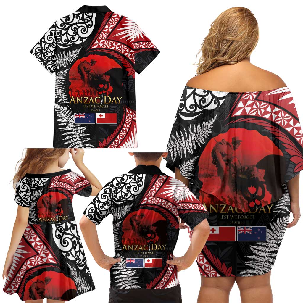 Tonga and New Zealand ANZAC Day Family Matching Off Shoulder Short Dress and Hawaiian Shirt Gallipoli Lest We Forget Ngatu Art Tribal and Maori Tattoo with Fern LT03 - Polynesian Pride