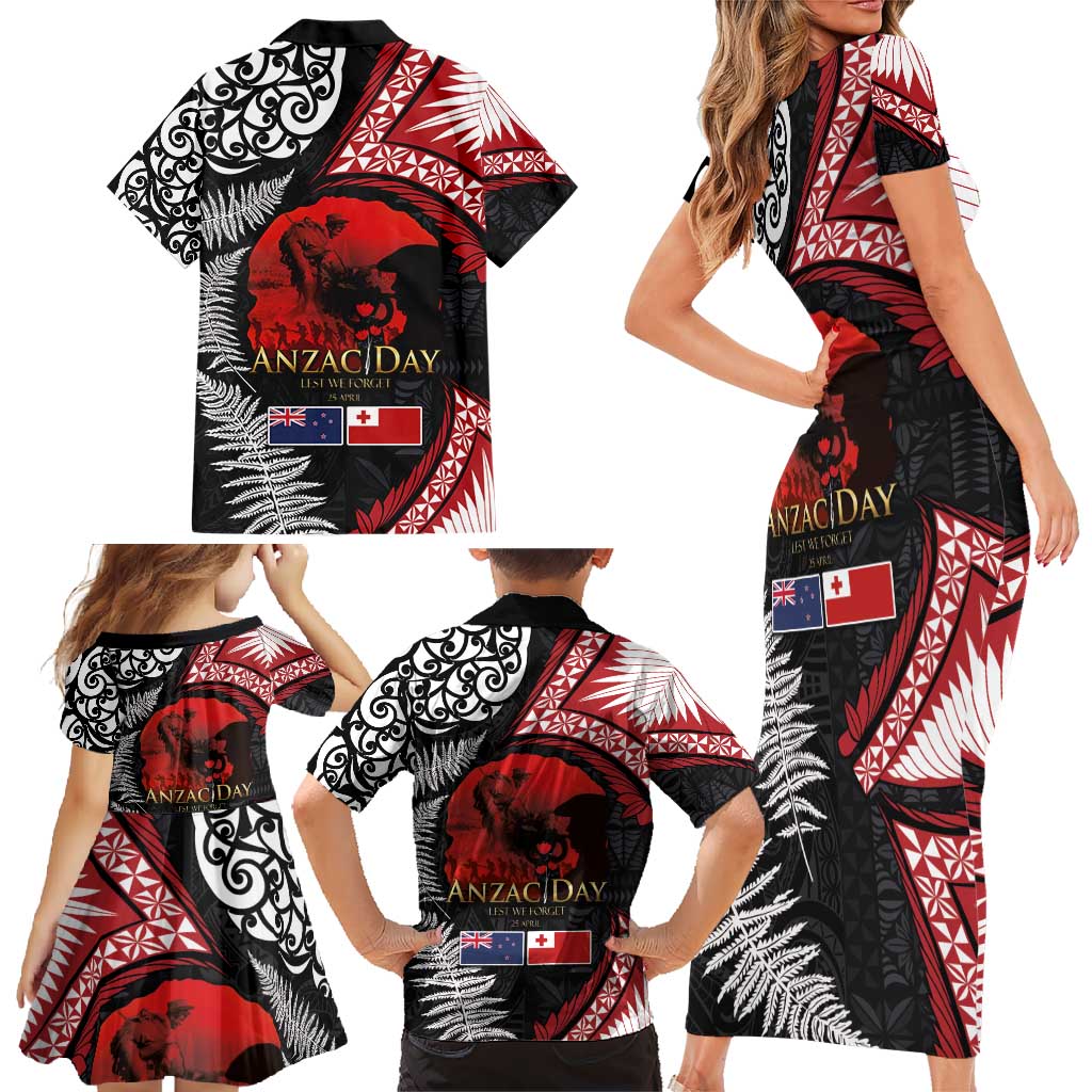 Tonga and New Zealand ANZAC Day Family Matching Short Sleeve Bodycon Dress and Hawaiian Shirt Gallipoli Lest We Forget Ngatu Art Tribal and Maori Tattoo with Fern LT03 - Polynesian Pride