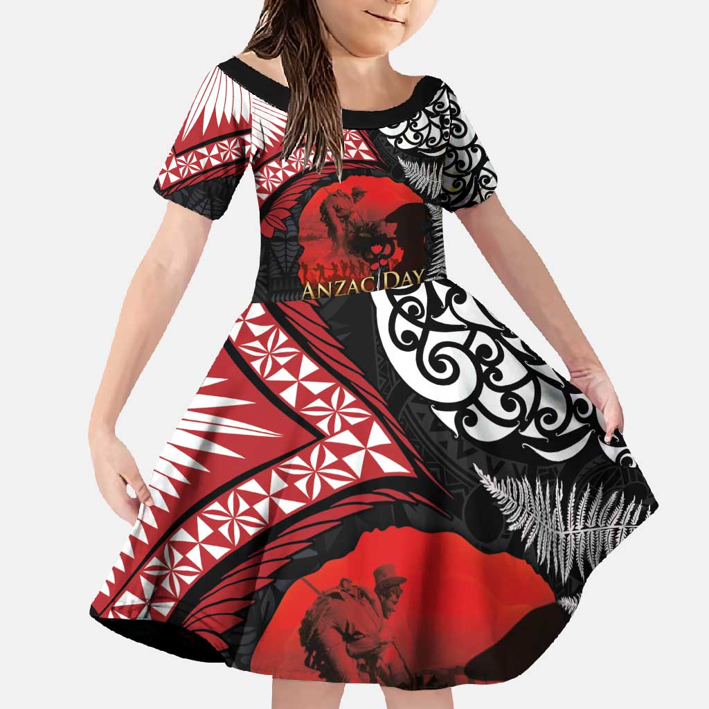 Tonga and New Zealand ANZAC Day Family Matching Summer Maxi Dress and Hawaiian Shirt Gallipoli Lest We Forget Ngatu Art Tribal and Maori Tattoo with Fern LT03 Daughter's Dress Black - Polynesian Pride