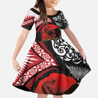 Tonga and New Zealand ANZAC Day Family Matching Summer Maxi Dress and Hawaiian Shirt Gallipoli Lest We Forget Ngatu Art Tribal and Maori Tattoo with Fern LT03 Daughter's Dress Black - Polynesian Pride