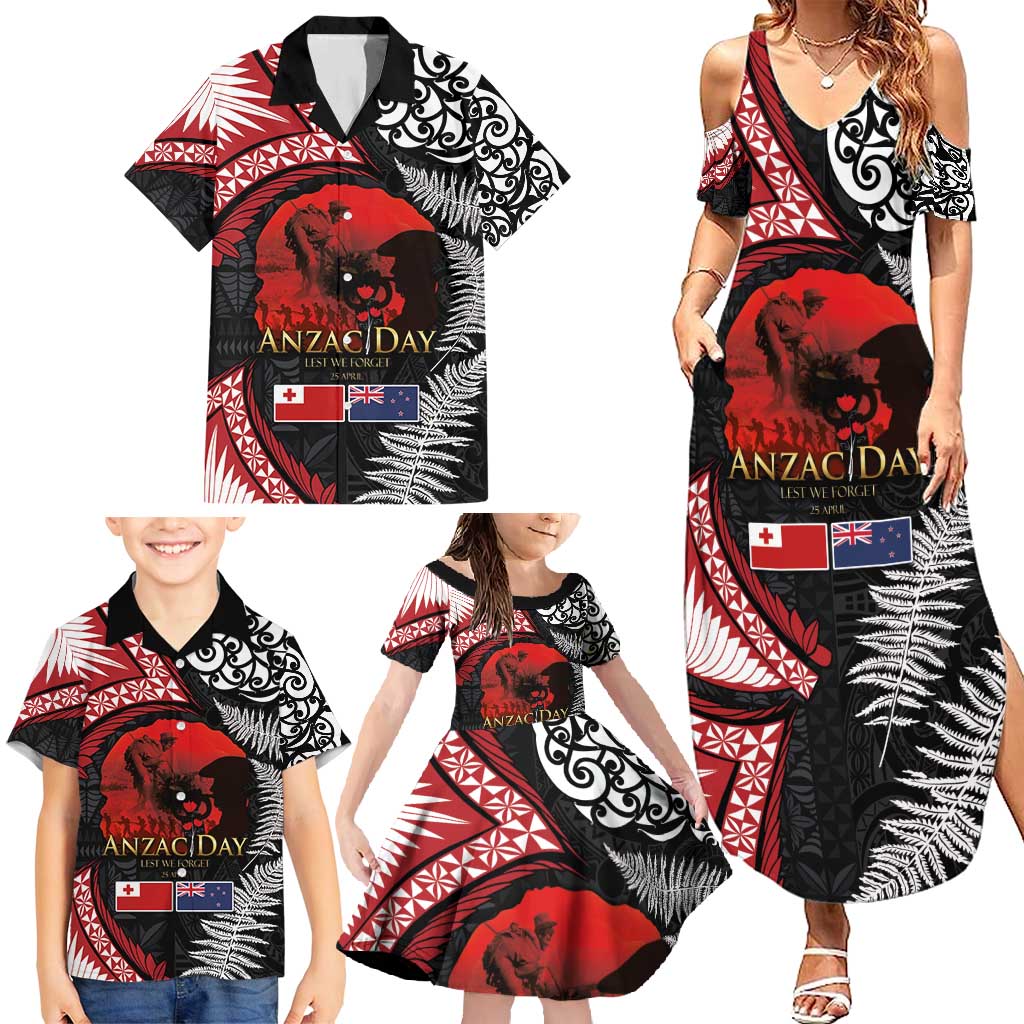 Tonga and New Zealand ANZAC Day Family Matching Summer Maxi Dress and Hawaiian Shirt Gallipoli Lest We Forget Ngatu Art Tribal and Maori Tattoo with Fern LT03 - Polynesian Pride