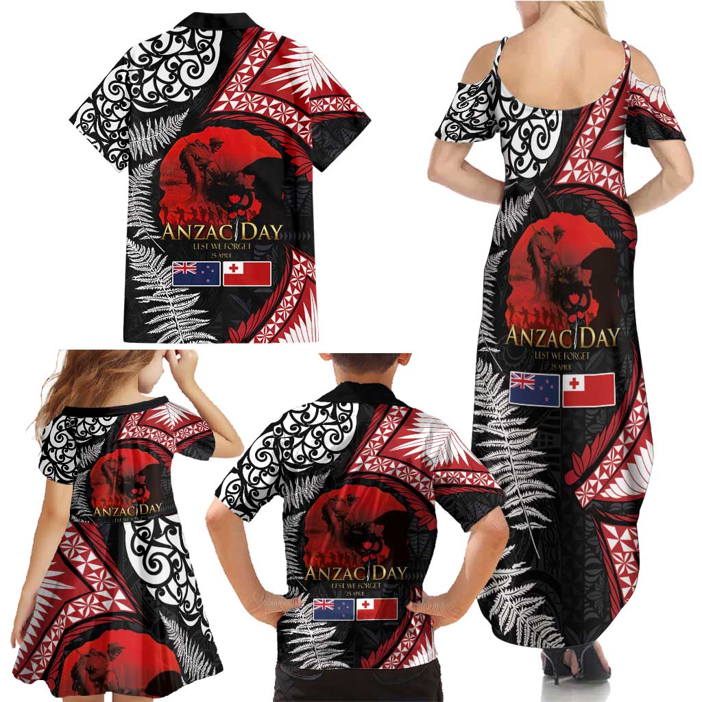 Tonga and New Zealand ANZAC Day Family Matching Summer Maxi Dress and Hawaiian Shirt Gallipoli Lest We Forget Ngatu Art Tribal and Maori Tattoo with Fern LT03 - Polynesian Pride