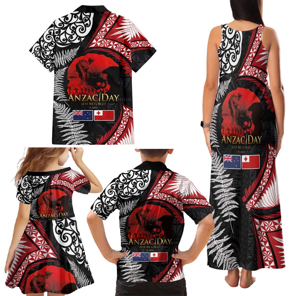 Tonga and New Zealand ANZAC Day Family Matching Tank Maxi Dress and Hawaiian Shirt Gallipoli Lest We Forget Ngatu Art Tribal and Maori Tattoo with Fern LT03 - Polynesian Pride