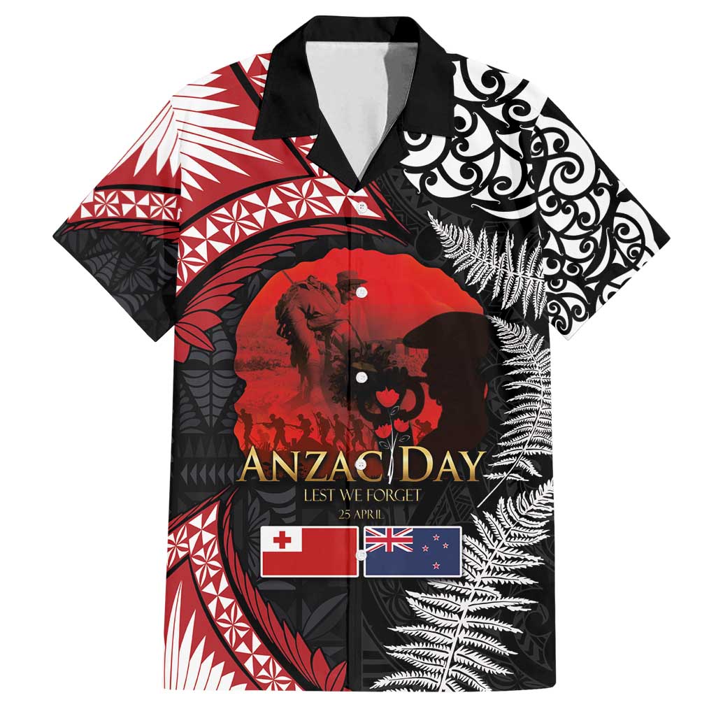Tonga and New Zealand ANZAC Day Family Matching Tank Maxi Dress and Hawaiian Shirt Gallipoli Lest We Forget Ngatu Art Tribal and Maori Tattoo with Fern LT03 Dad's Shirt - Short Sleeve Black - Polynesian Pride