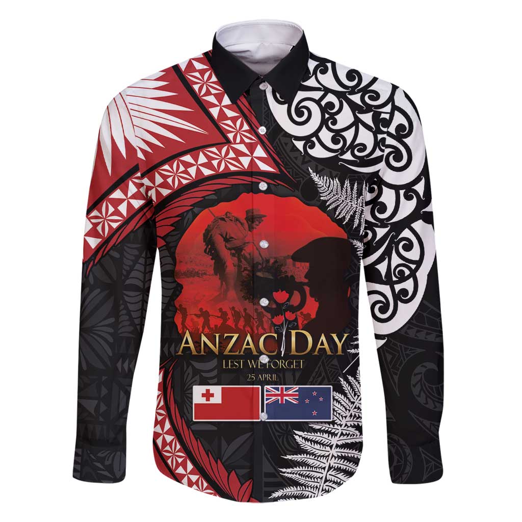 Tonga and New Zealand ANZAC Day Family Matching Tank Maxi Dress and Hawaiian Shirt Gallipoli Lest We Forget Ngatu Art Tribal and Maori Tattoo with Fern LT03 Dad's Shirt - Long Sleeve Black - Polynesian Pride