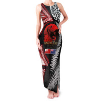Tonga and New Zealand ANZAC Day Family Matching Tank Maxi Dress and Hawaiian Shirt Gallipoli Lest We Forget Ngatu Art Tribal and Maori Tattoo with Fern LT03 Mom's Dress Black - Polynesian Pride