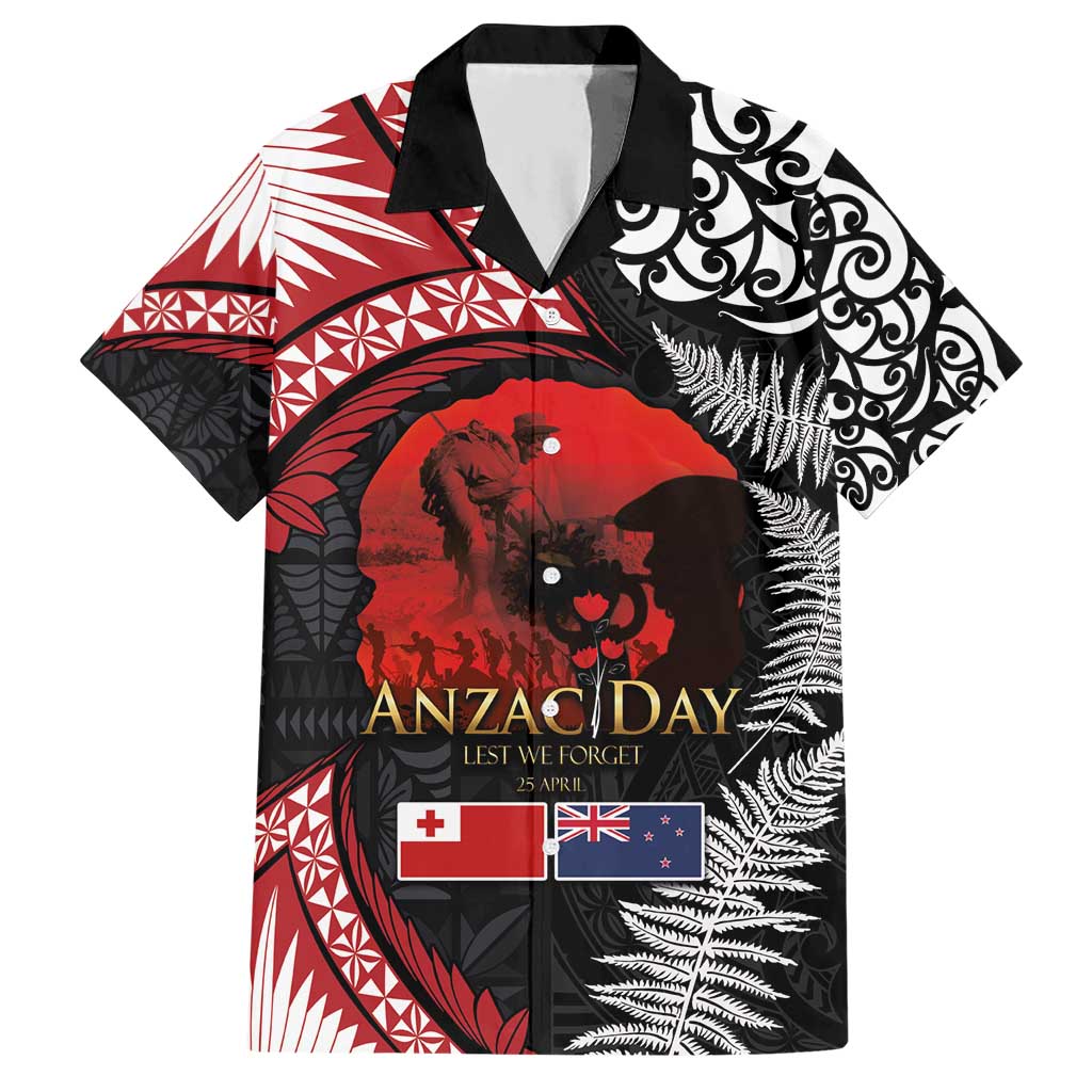 Tonga and New Zealand ANZAC Day Hawaiian Shirt Gallipoli Lest We Forget Ngatu Art Tribal and Maori Tattoo with Fern LT03 Black - Polynesian Pride