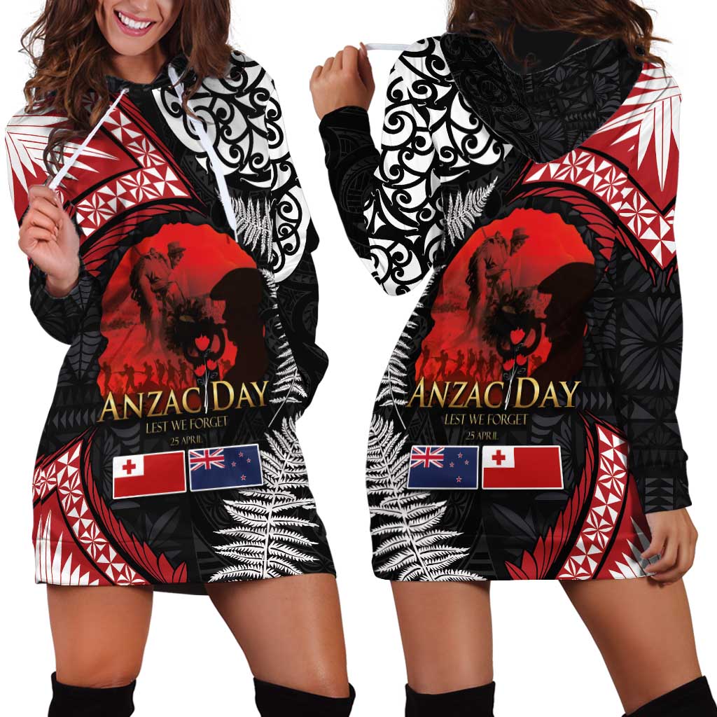 Tonga and New Zealand ANZAC Day Hoodie Dress Gallipoli Lest We Forget Ngatu Art Tribal and Maori Tattoo with Fern LT03