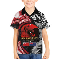 Tonga and New Zealand ANZAC Day Kid Hawaiian Shirt Gallipoli Lest We Forget Ngatu Art Tribal and Maori Tattoo with Fern LT03 Kid Black - Polynesian Pride