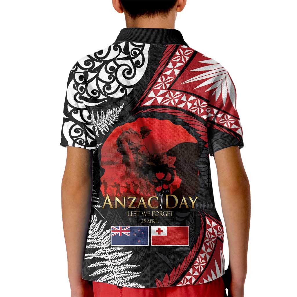 Tonga and New Zealand ANZAC Day Kid Polo Shirt Gallipoli Lest We Forget Ngatu Art Tribal and Maori Tattoo with Fern LT03 - Polynesian Pride