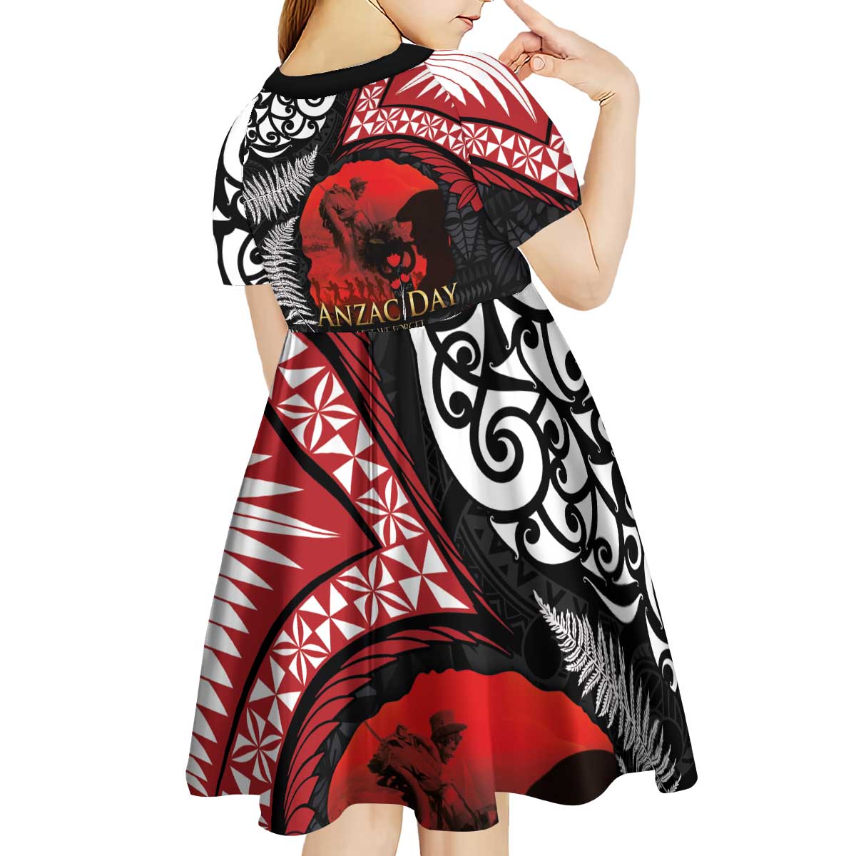 Tonga and New Zealand ANZAC Day Kid Short Sleeve Dress Gallipoli Lest We Forget Ngatu Art Tribal and Maori Tattoo with Fern LT03 - Polynesian Pride