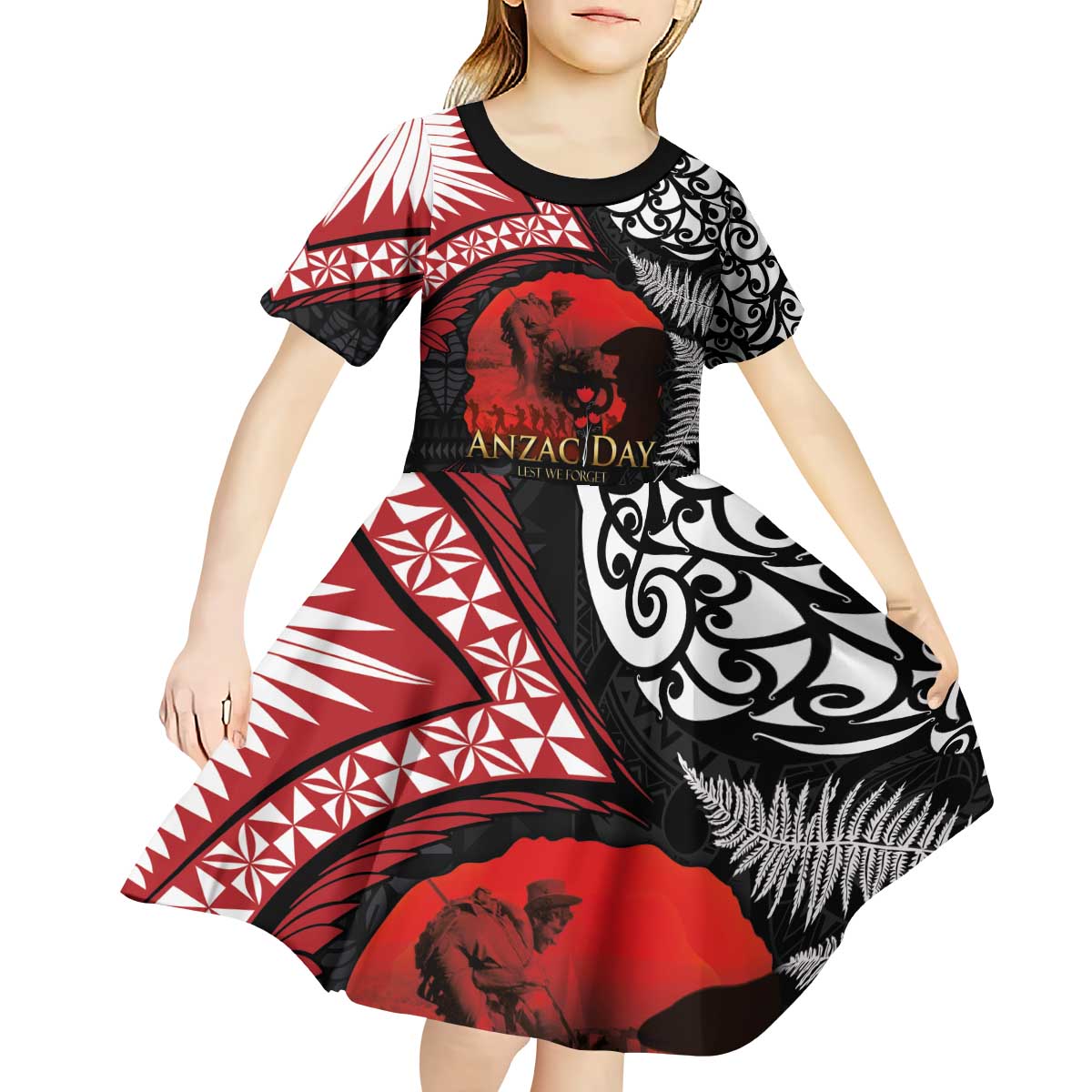 Tonga and New Zealand ANZAC Day Kid Short Sleeve Dress Gallipoli Lest We Forget Ngatu Art Tribal and Maori Tattoo with Fern LT03 - Polynesian Pride