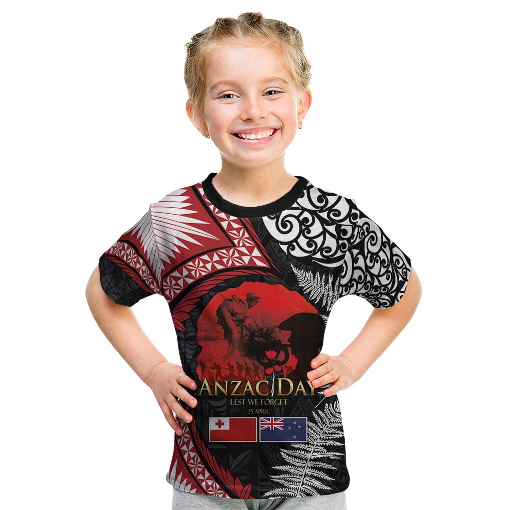 Tonga and New Zealand ANZAC Day Kid T Shirt Gallipoli Lest We Forget Ngatu Art Tribal and Maori Tattoo with Fern LT03