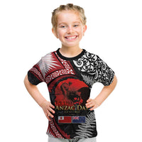 Tonga and New Zealand ANZAC Day Kid T Shirt Gallipoli Lest We Forget Ngatu Art Tribal and Maori Tattoo with Fern LT03 Black - Polynesian Pride