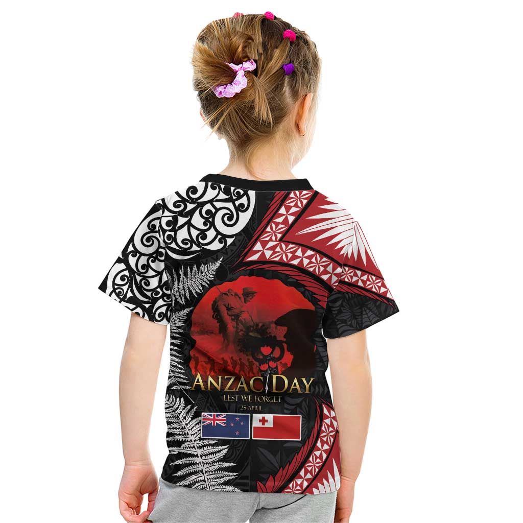 Tonga and New Zealand ANZAC Day Kid T Shirt Gallipoli Lest We Forget Ngatu Art Tribal and Maori Tattoo with Fern LT03 - Polynesian Pride