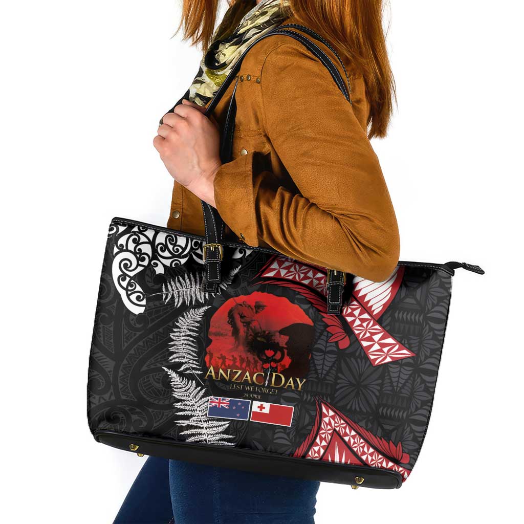 Tonga and New Zealand ANZAC Day Leather Tote Bag Gallipoli Lest We Forget Ngatu Art Tribal and Maori Tattoo with Fern LT03 Black - Polynesian Pride