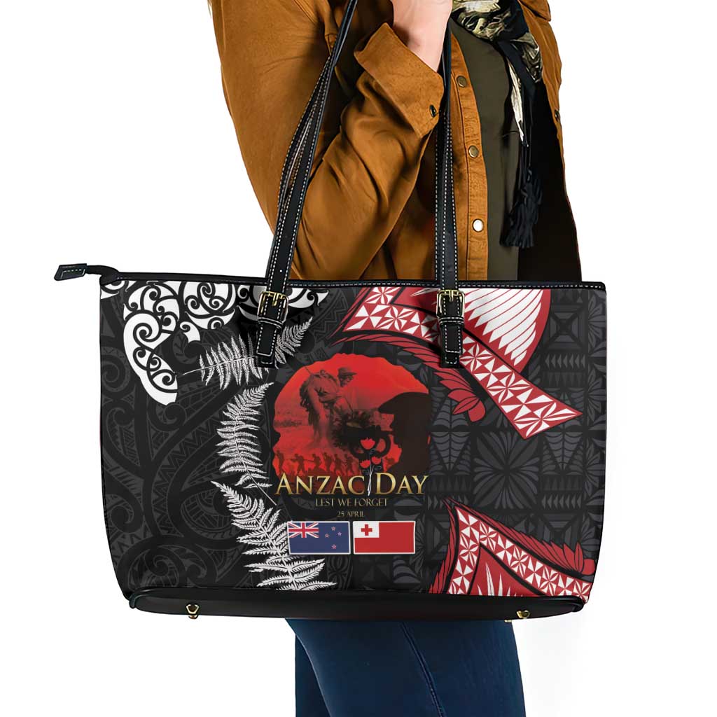 Tonga and New Zealand ANZAC Day Leather Tote Bag Gallipoli Lest We Forget Ngatu Art Tribal and Maori Tattoo with Fern LT03 - Polynesian Pride