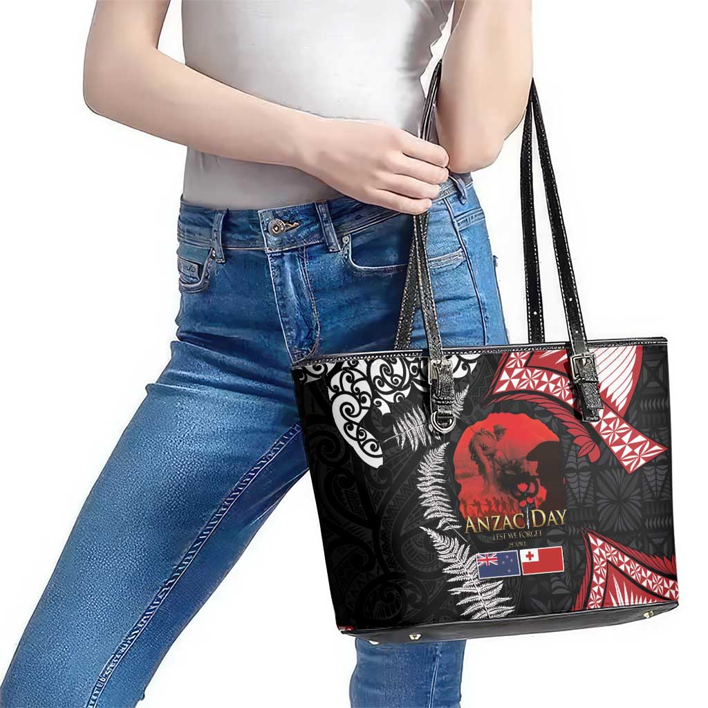 Tonga and New Zealand ANZAC Day Leather Tote Bag Gallipoli Lest We Forget Ngatu Art Tribal and Maori Tattoo with Fern LT03 - Polynesian Pride
