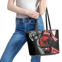 Tonga and New Zealand ANZAC Day Leather Tote Bag Gallipoli Lest We Forget Ngatu Art Tribal and Maori Tattoo with Fern LT03 - Polynesian Pride