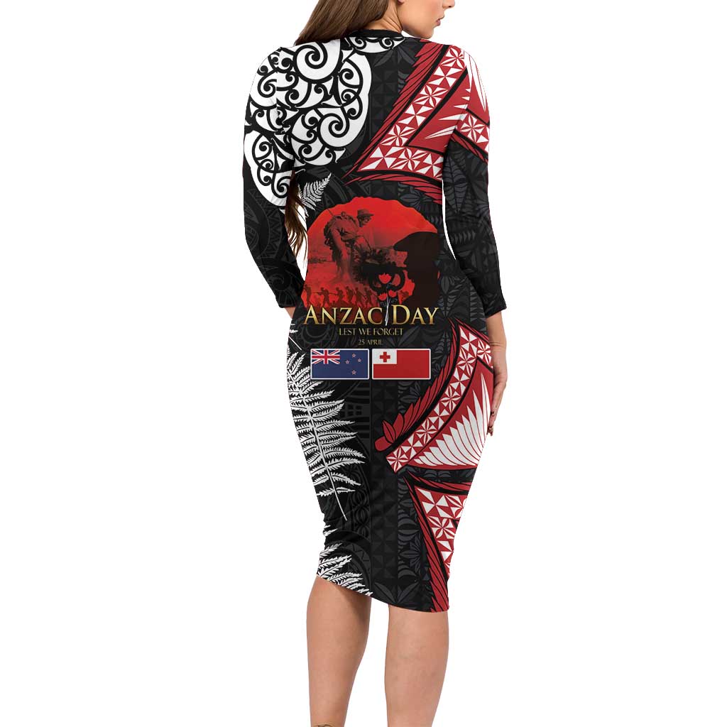 Tonga and New Zealand ANZAC Day Long Sleeve Bodycon Dress Gallipoli Lest We Forget Ngatu Art Tribal and Maori Tattoo with Fern LT03 - Polynesian Pride