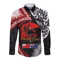 Tonga and New Zealand ANZAC Day Long Sleeve Button Shirt Gallipoli Lest We Forget Ngatu Art Tribal and Maori Tattoo with Fern LT03 Unisex Black - Polynesian Pride