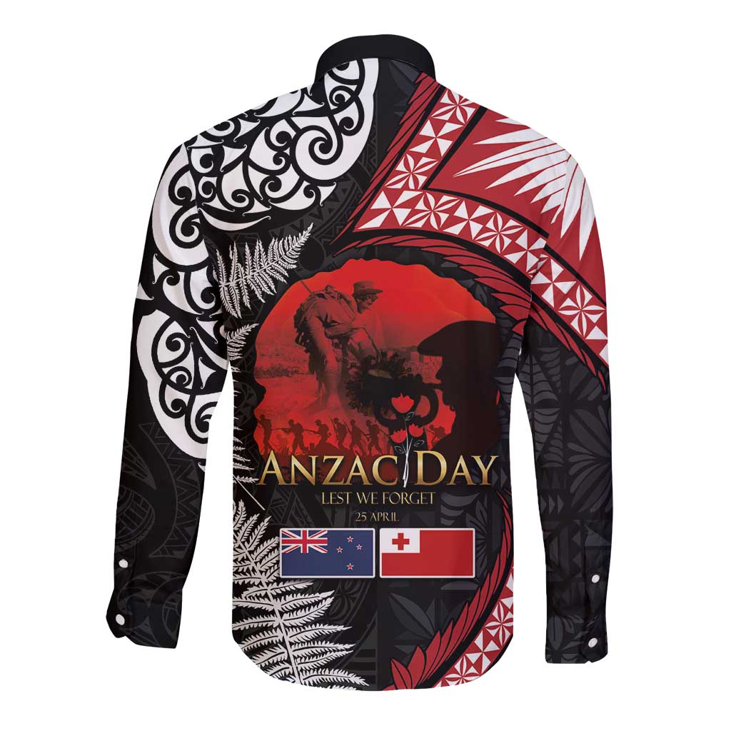 Tonga and New Zealand ANZAC Day Long Sleeve Button Shirt Gallipoli Lest We Forget Ngatu Art Tribal and Maori Tattoo with Fern LT03 - Polynesian Pride