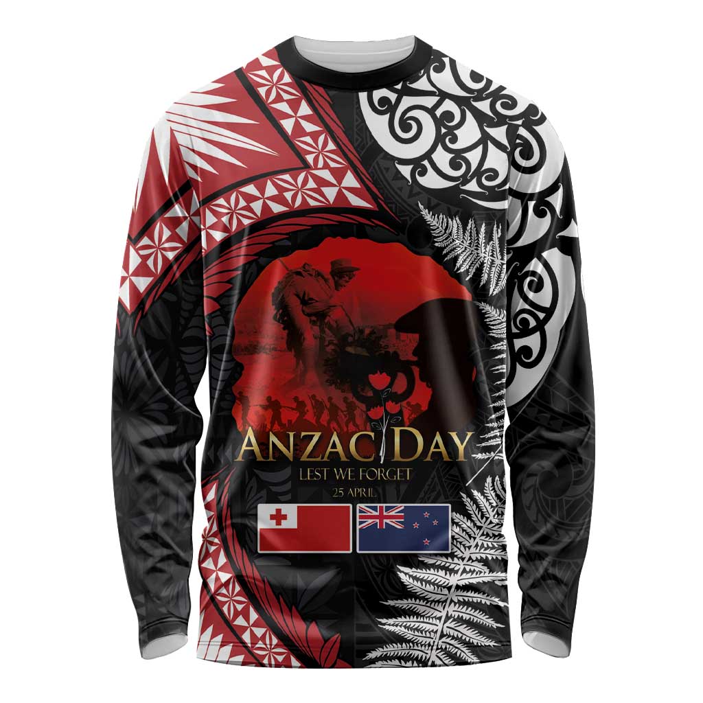 Tonga and New Zealand ANZAC Day Long Sleeve Shirt Gallipoli Lest We Forget Ngatu Art Tribal and Maori Tattoo with Fern LT03 Unisex Black - Polynesian Pride