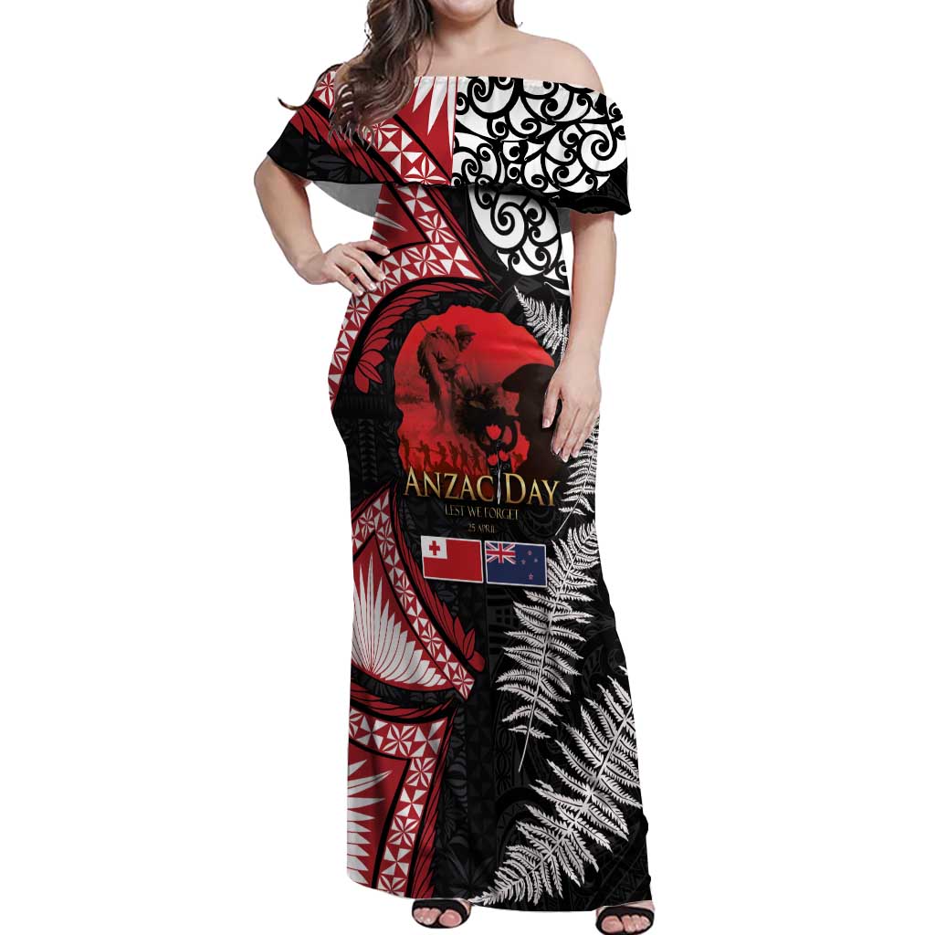 Tonga and New Zealand ANZAC Day Off Shoulder Maxi Dress Gallipoli Lest We Forget Ngatu Art Tribal and Maori Tattoo with Fern LT03 Women Black - Polynesian Pride