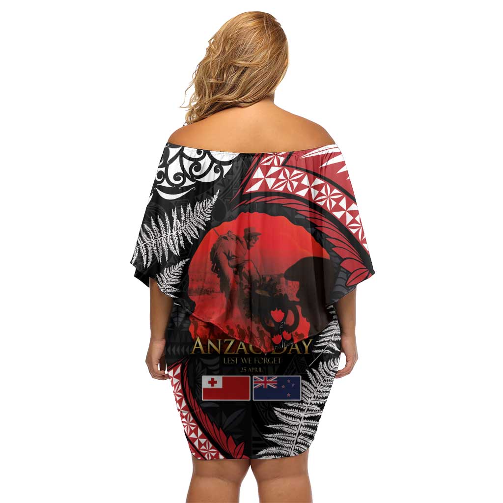 Tonga and New Zealand ANZAC Day Off Shoulder Short Dress Gallipoli Lest We Forget Ngatu Art Tribal and Maori Tattoo with Fern LT03 - Polynesian Pride