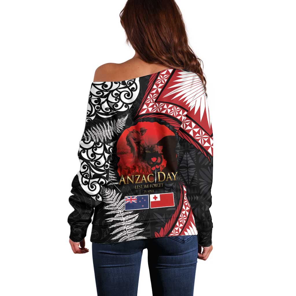 Tonga and New Zealand ANZAC Day Off Shoulder Sweater Gallipoli Lest We Forget Ngatu Art Tribal and Maori Tattoo with Fern LT03 - Polynesian Pride