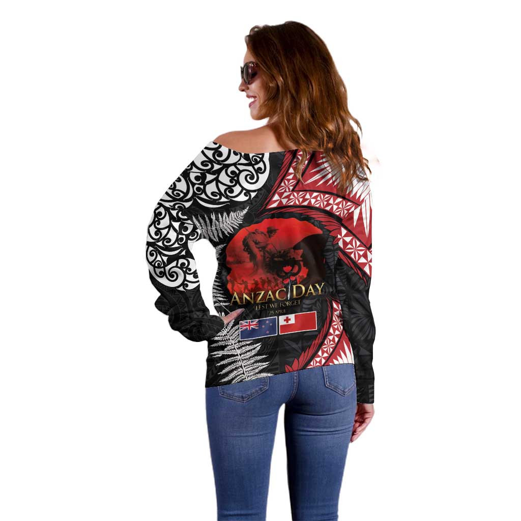 Tonga and New Zealand ANZAC Day Off Shoulder Sweater Gallipoli Lest We Forget Ngatu Art Tribal and Maori Tattoo with Fern LT03 - Polynesian Pride