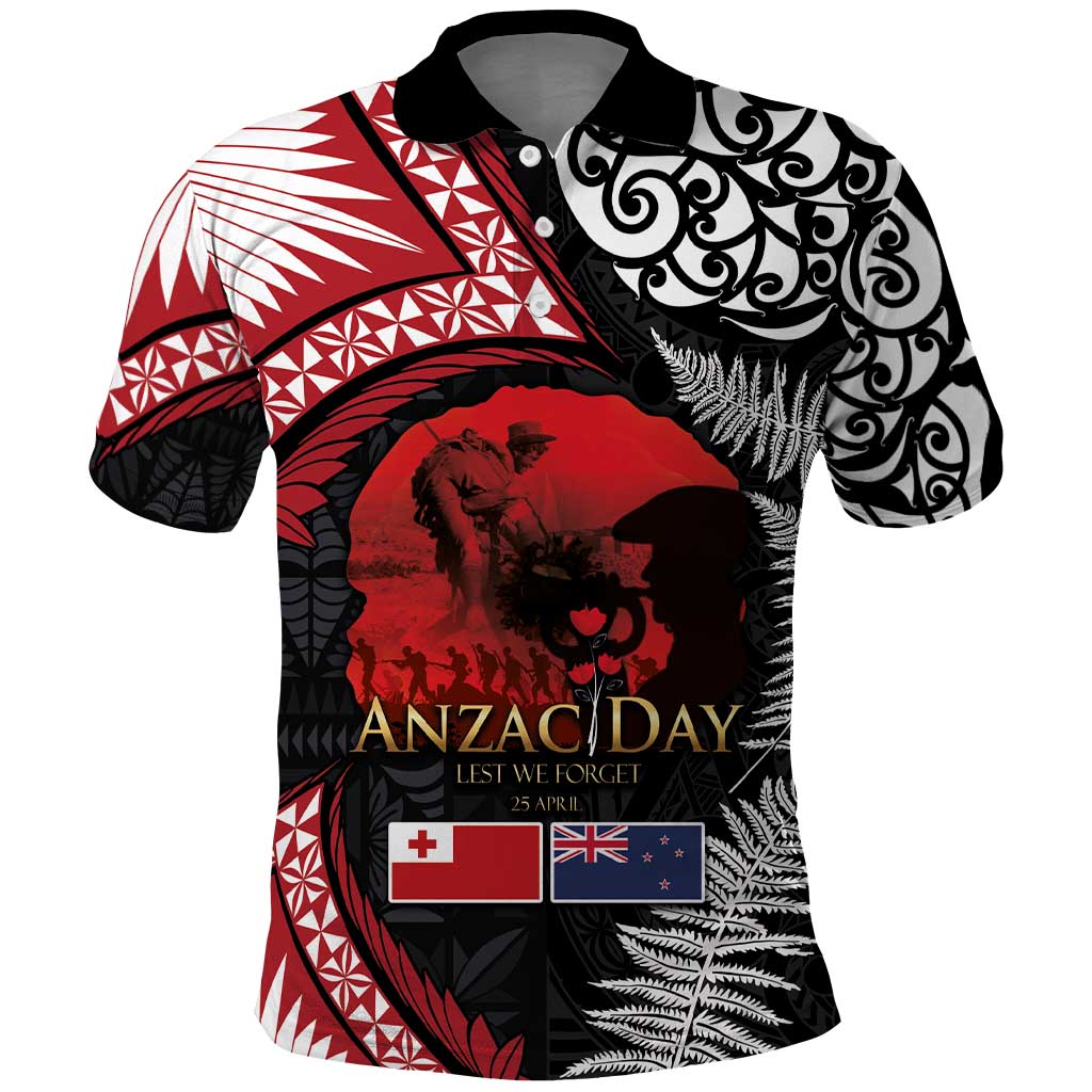 Tonga and New Zealand ANZAC Day Polo Shirt Gallipoli Lest We Forget Ngatu Art Tribal and Maori Tattoo with Fern LT03 Black - Polynesian Pride