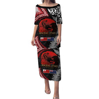 Tonga and New Zealand ANZAC Day Puletasi Gallipoli Lest We Forget Ngatu Art Tribal and Maori Tattoo with Fern LT03 Long Dress Black - Polynesian Pride