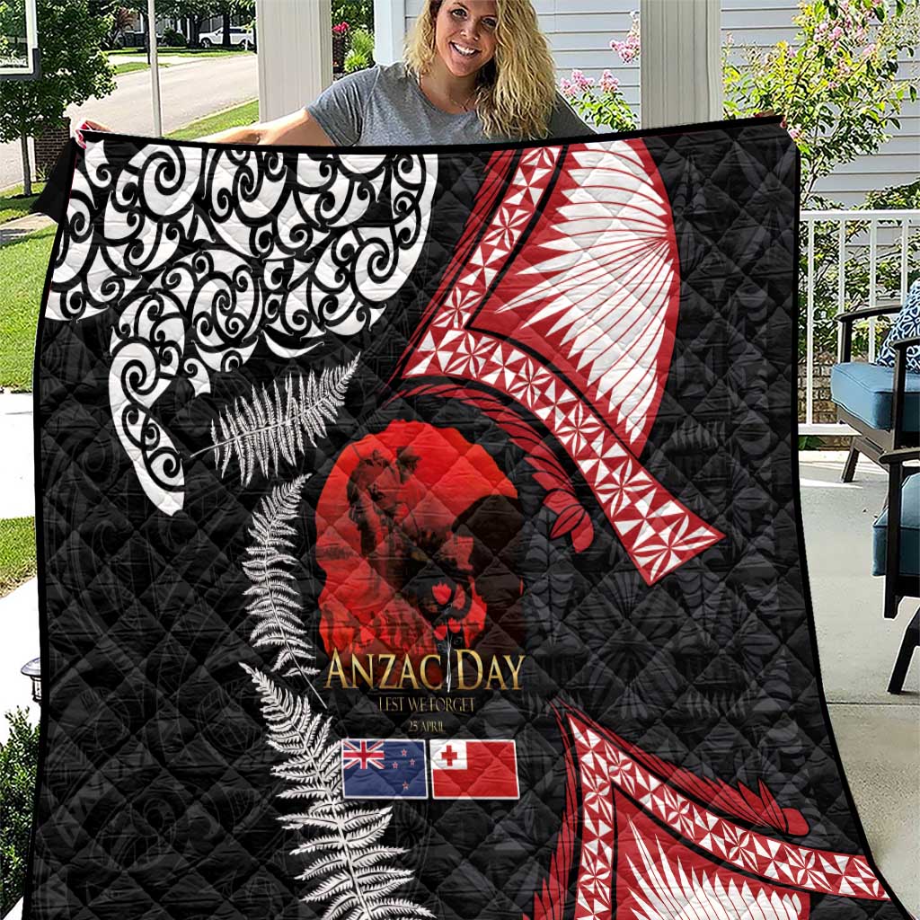 Tonga and New Zealand ANZAC Day Quilt Gallipoli Lest We Forget Ngatu Art Tribal and Maori Tattoo with Fern LT03 Black - Polynesian Pride