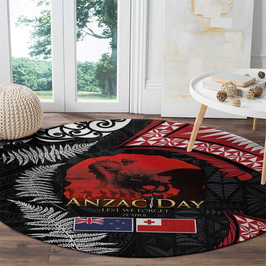 Tonga and New Zealand ANZAC Day Round Carpet Gallipoli Lest We Forget Ngatu Art Tribal and Maori Tattoo with Fern LT03 - Polynesian Pride