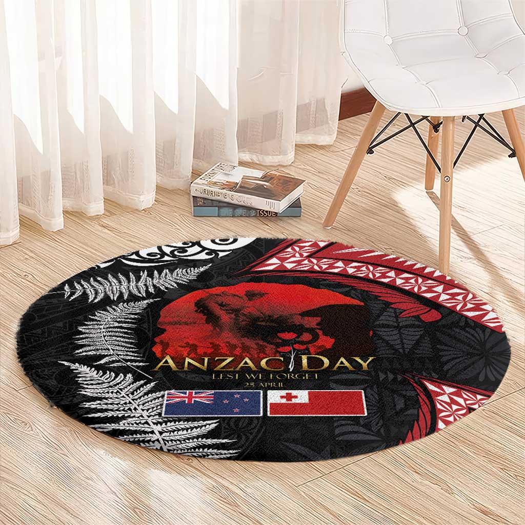 Tonga and New Zealand ANZAC Day Round Carpet Gallipoli Lest We Forget Ngatu Art Tribal and Maori Tattoo with Fern LT03 - Polynesian Pride