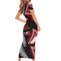 Tonga and New Zealand ANZAC Day Short Sleeve Bodycon Dress Gallipoli Lest We Forget Ngatu Art Tribal and Maori Tattoo with Fern LT03 - Polynesian Pride