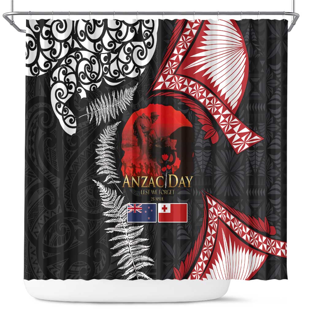 Tonga and New Zealand ANZAC Day Shower Curtain Gallipoli Lest We Forget Ngatu Art Tribal and Maori Tattoo with Fern LT03 Black - Polynesian Pride