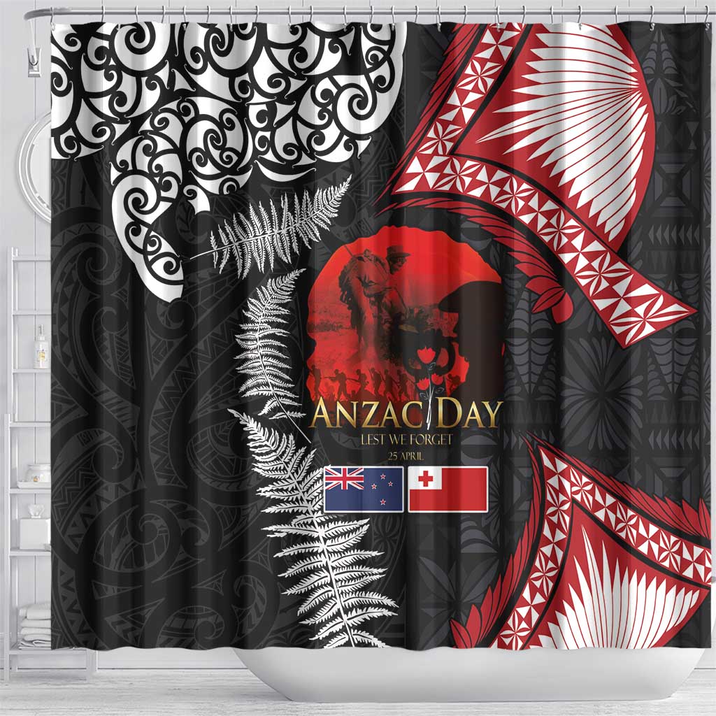 Tonga and New Zealand ANZAC Day Shower Curtain Gallipoli Lest We Forget Ngatu Art Tribal and Maori Tattoo with Fern LT03 - Polynesian Pride