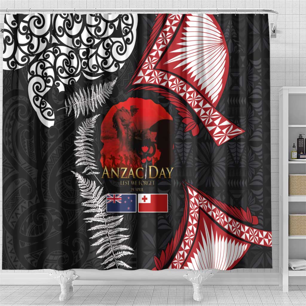 Tonga and New Zealand ANZAC Day Shower Curtain Gallipoli Lest We Forget Ngatu Art Tribal and Maori Tattoo with Fern LT03 - Polynesian Pride