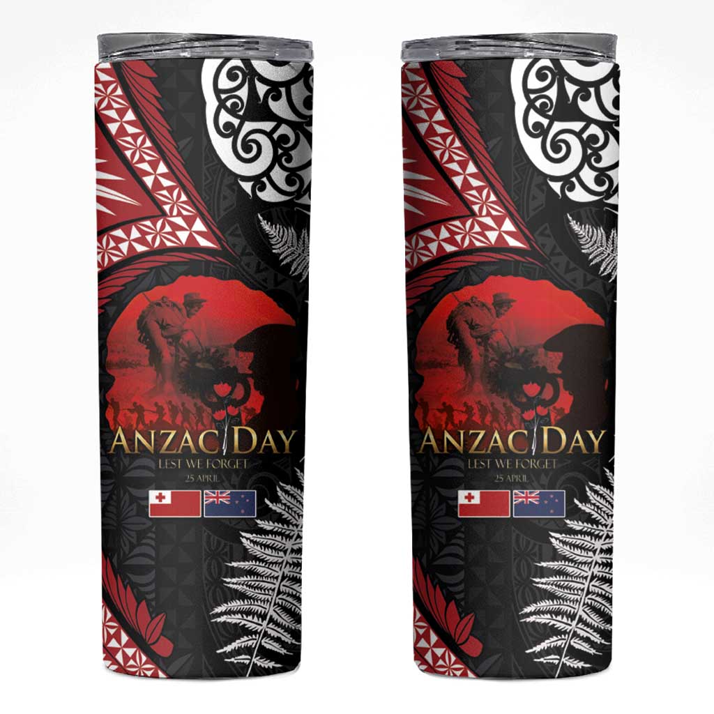 Tonga and New Zealand ANZAC Day Skinny Tumbler Gallipoli Lest We Forget-Ngatu Art Tribal and Maori Tattoo with Fern LT03 Black - Polynesian Pride