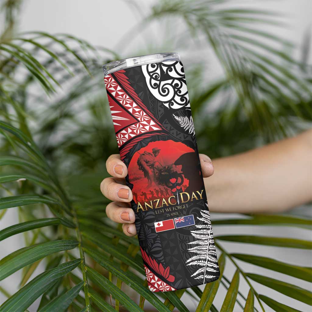 Tonga and New Zealand ANZAC Day Skinny Tumbler Gallipoli Lest We Forget-Ngatu Art Tribal and Maori Tattoo with Fern LT03 - Polynesian Pride