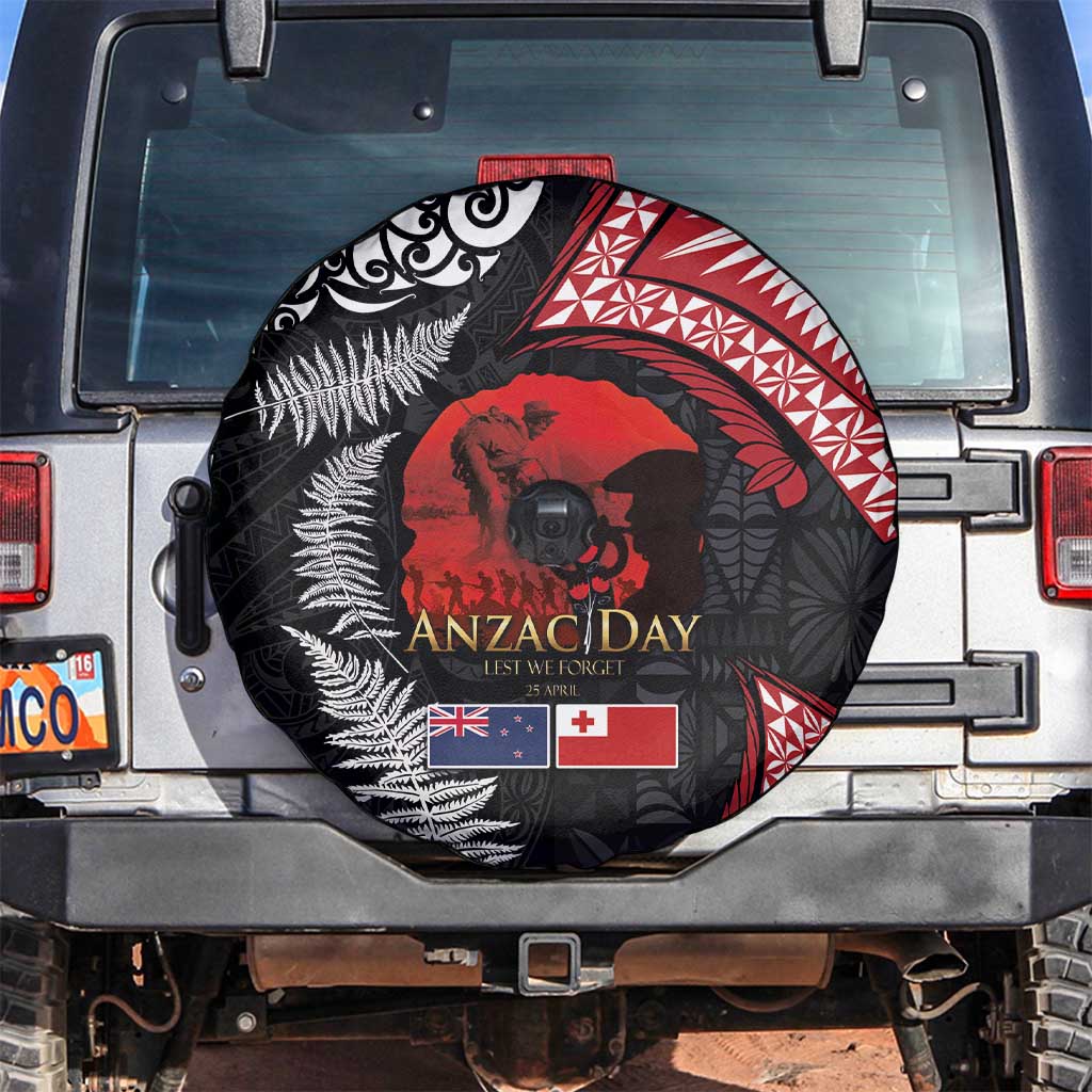 Tonga and New Zealand ANZAC Day Spare Tire Cover Gallipoli Lest We Forget Ngatu Art Tribal and Maori Tattoo with Fern LT03 Black - Polynesian Pride