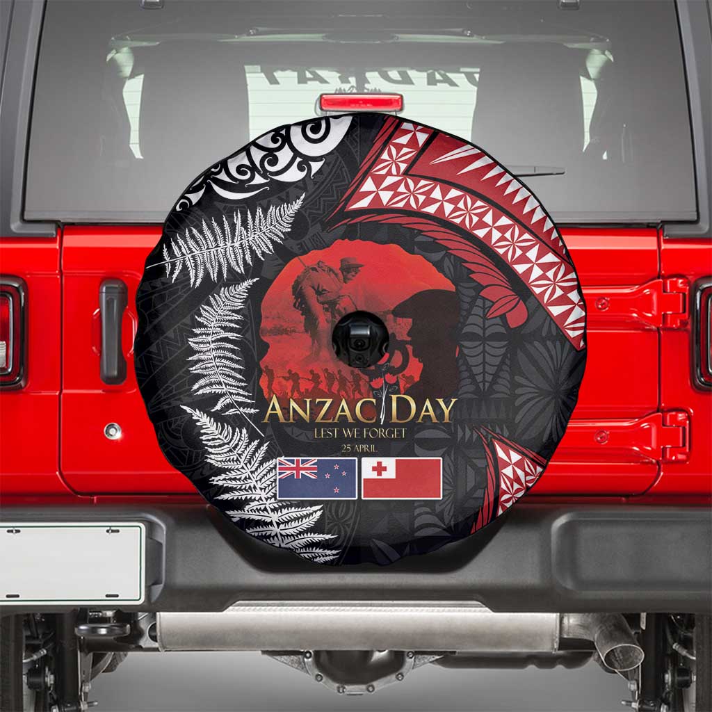 Tonga and New Zealand ANZAC Day Spare Tire Cover Gallipoli Lest We Forget Ngatu Art Tribal and Maori Tattoo with Fern LT03 - Polynesian Pride