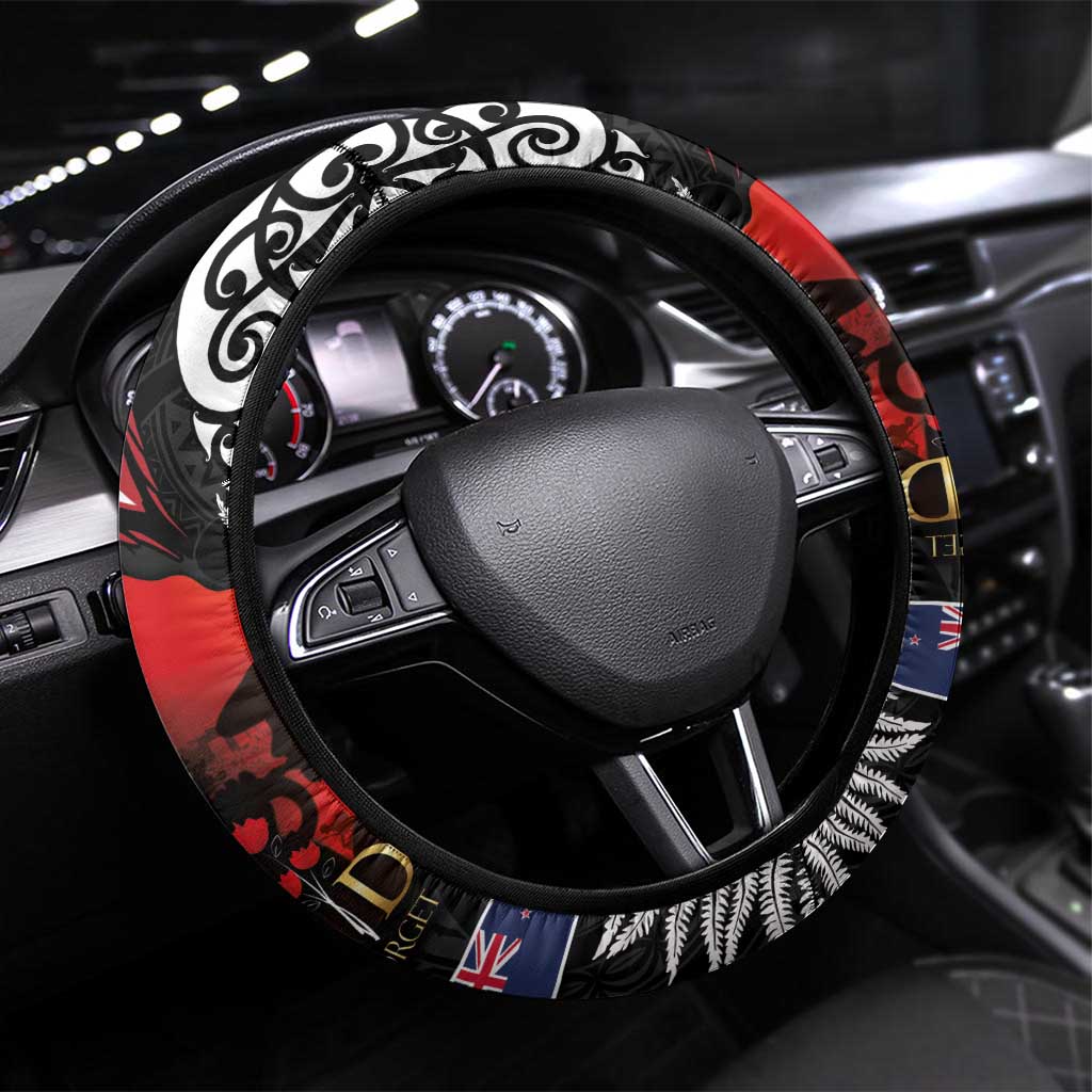 Tonga and New Zealand ANZAC Day Steering Wheel Cover Gallipoli Lest We Forget Ngatu Art Tribal and Maori Tattoo with Fern LT03 Universal Fit Black - Polynesian Pride