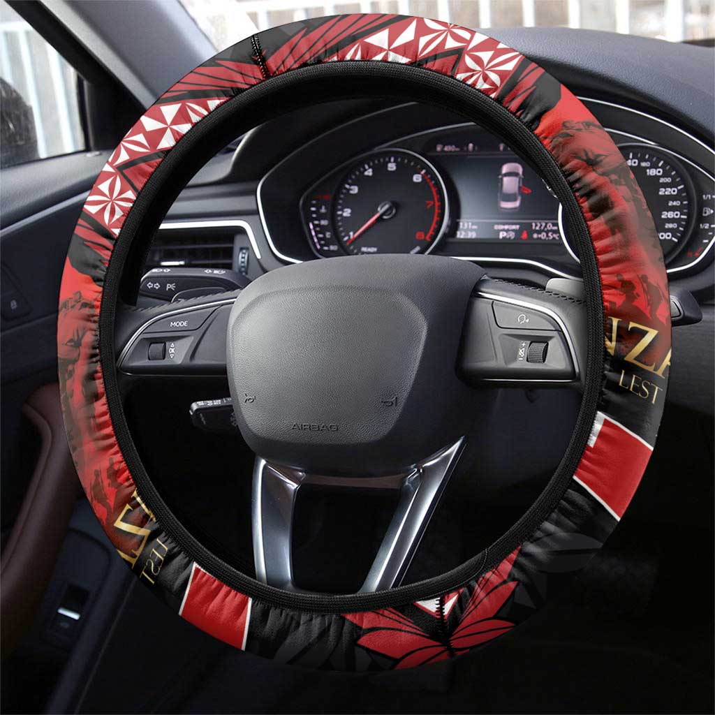 Tonga and New Zealand ANZAC Day Steering Wheel Cover Gallipoli Lest We Forget Ngatu Art Tribal and Maori Tattoo with Fern LT03 - Polynesian Pride