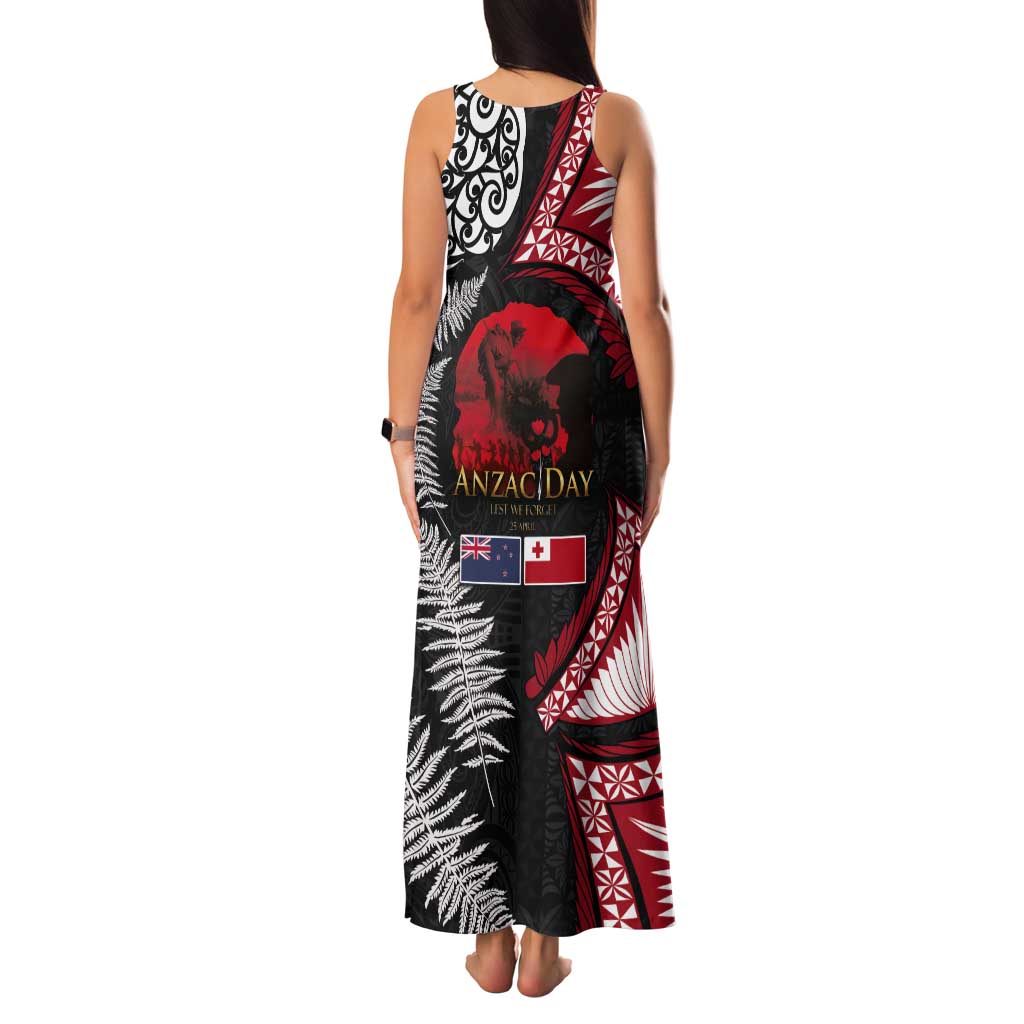 Tonga and New Zealand ANZAC Day Tank Maxi Dress Gallipoli Lest We Forget Ngatu Art Tribal and Maori Tattoo with Fern LT03 - Polynesian Pride